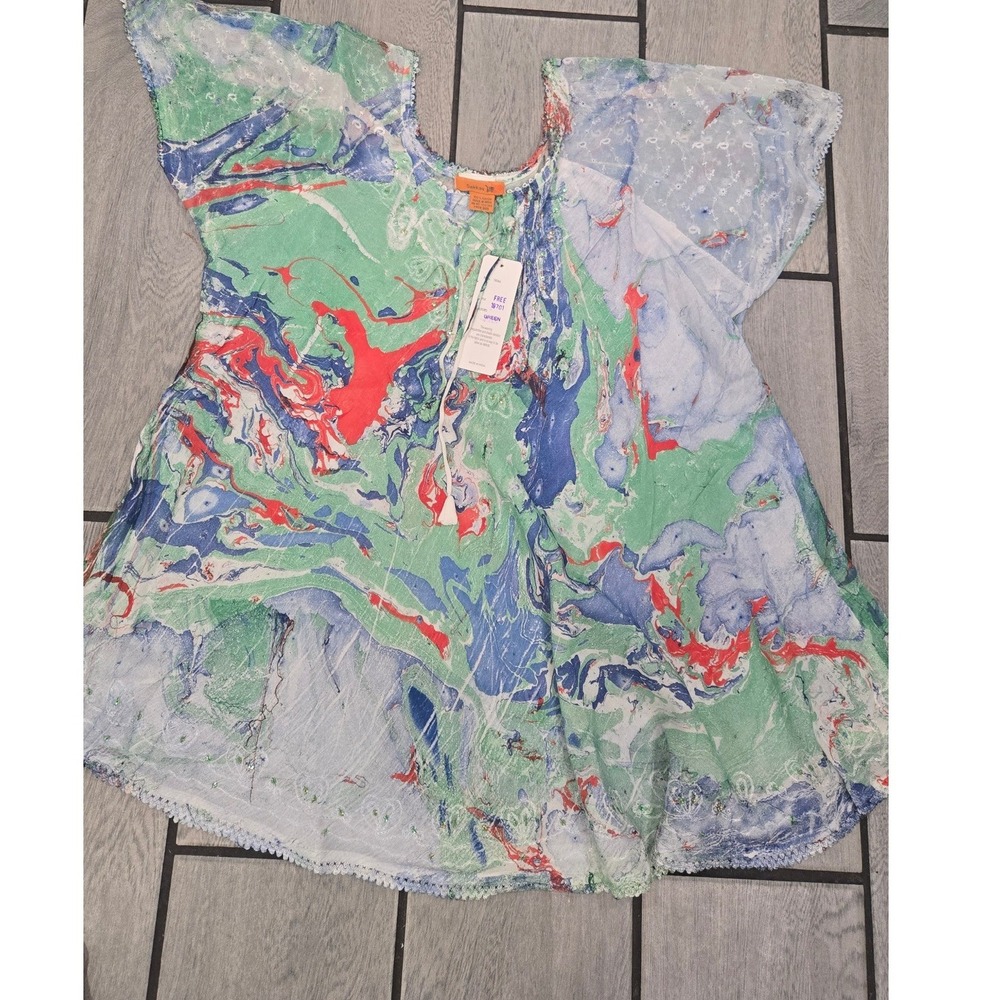 Sakkas Marble Print Lace Up Caftan Top Green Blue Sequin Rayon OS NWT